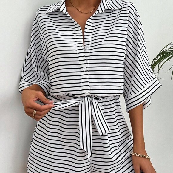 Multicolor Casual Women's Striped Batwing Sleeve Front Button Romper - Picture 6 of 6